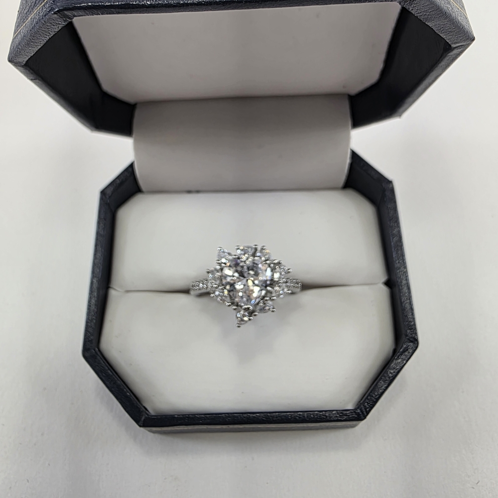 Heart Cut Simulated Diamond Halo Ring | White Gold Plated | Size 7.25 |